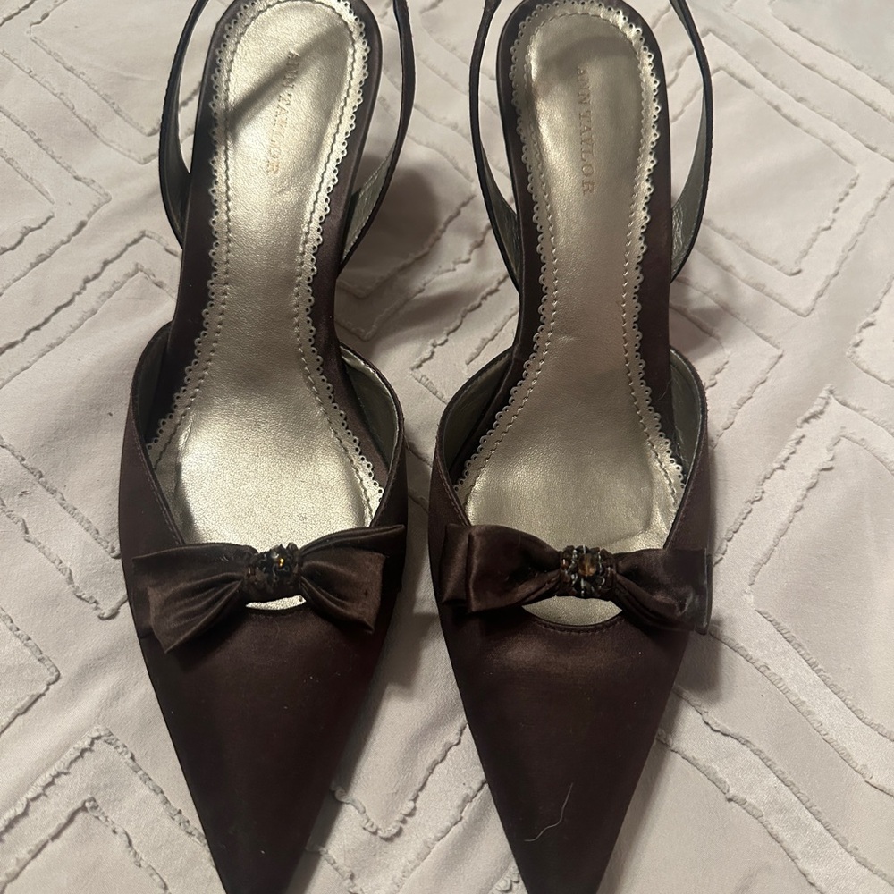 Ann Taylor Chocolate Satin Heels with Bow Accent